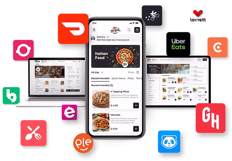 A restaurant operator and an eatOS partner shaking hands over a point-of-sale terminal